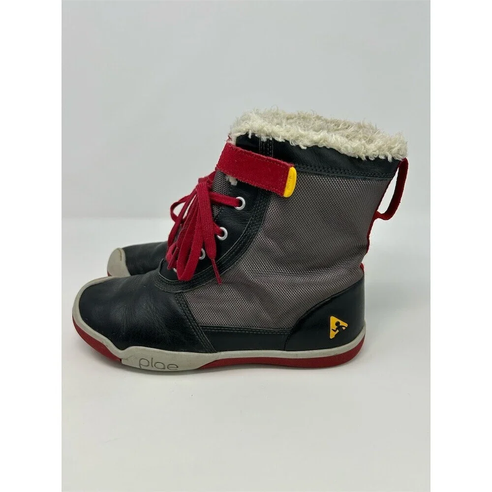 PLAE Noel Winter Snow Boots Unisex Kids Black Red Waterproof Faux Fur Size 4.5